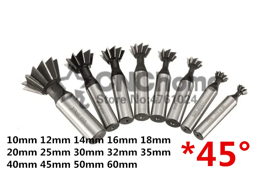 1PCS 45 Degree HSS Dovetail Cutter End Mill Milling 10mm 12mm 14mm 16mm 18mm 20mm 25mm 30mm 32mm 35mm 40mm 45mm 50mm 60mm