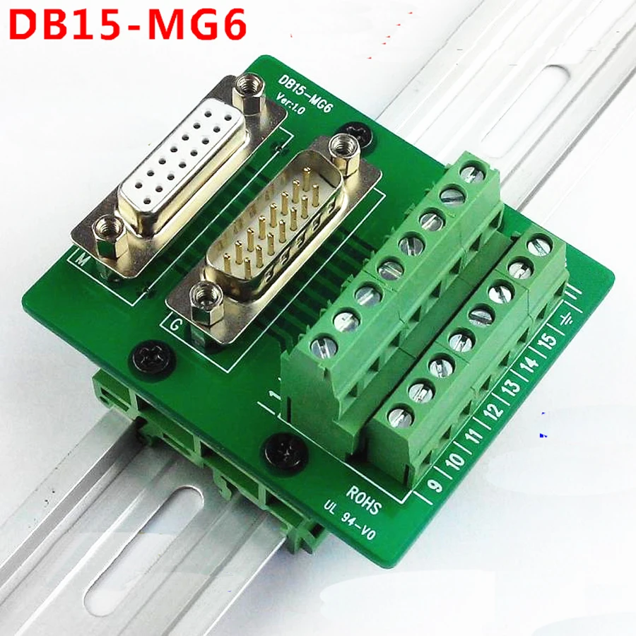 DB15 D Sub 15 Pin Terminal Block Breakout Board  DIN Rail Type Dual Function