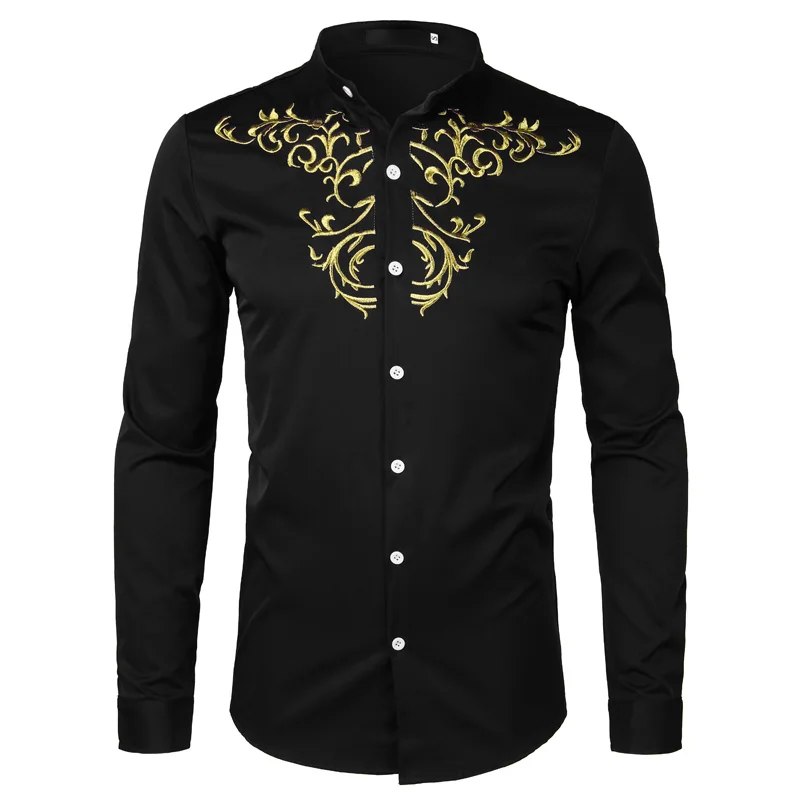 Camisa de manga larga con bordado de flores doradas para hombre, camisas de vestir blancas de Color sólido, Camisa ajustada para boda, nueva