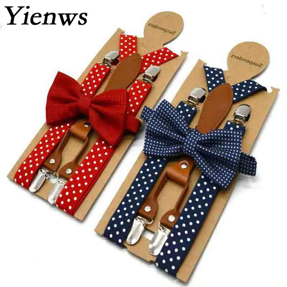 Yienws Baby Kids Suspenders and Bow Tie Red Navy Polka Dot Boys Suspenders Bowties Girls Tirantes Bebe  65cm 110cm YiA154