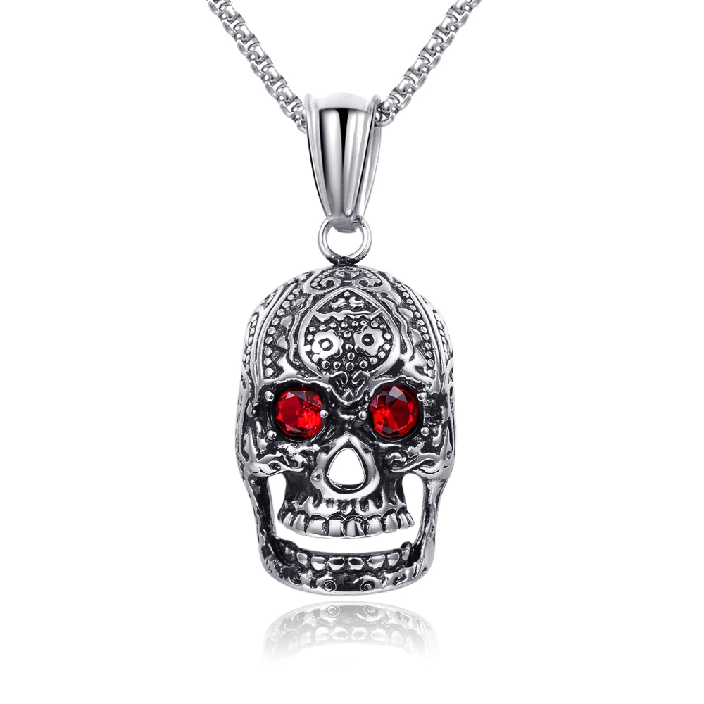 Hot Sale Titanium Steel Gold Black Color Skull Pendant Necklace with CZ Crystal Punk Rock Men\'s Jewelry Brother Gift