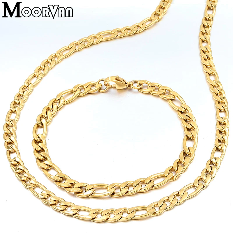 Moorvan Men's Stainless Steel Jewelry Set Hiphop Rock NK Figaro Chain Bracelet/Necklace Sets Man's Jewelry 6MM Width VBD14
