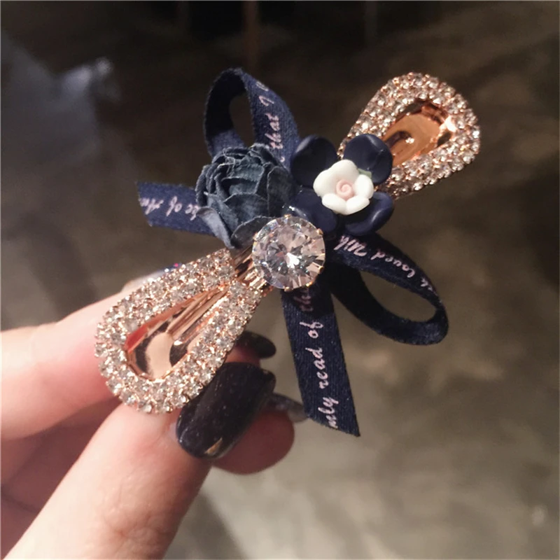 Korean Fashion Flower Hair Clip Crystal Bow Ribbon Hairpins Shiny Rhinestones Boutique Women Hair Accessories Ponytail Holder