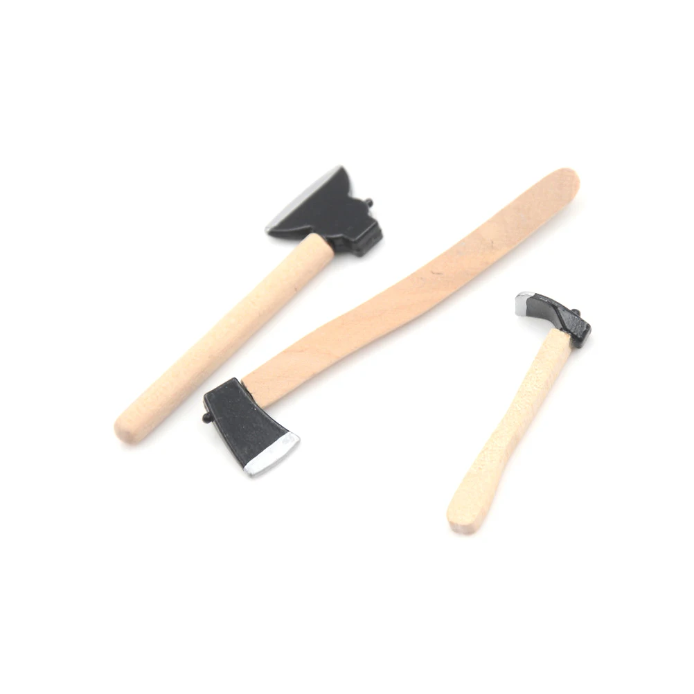 3Pcs/set Mini Wood Metal Chopper Hatchet Dollhouse Miniature 1:12 Toy Tools Axe Hammer Wholesale