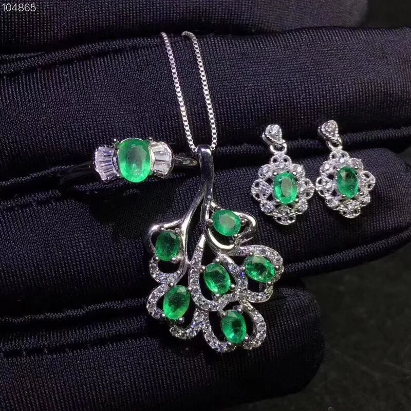 Natural and Real Emerald jewelry set Natural Real Emerald 925 sterling silver 1pc cross pendant,1pc ring ,2pcs Earring