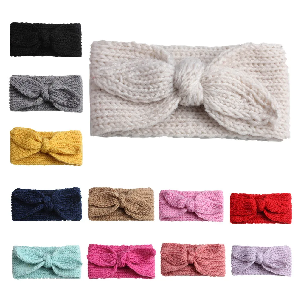 12PCS Color mixing wholesale Baby cotton headdress Cute rabbit ears design Children warm hairband  Knitted baby head protection