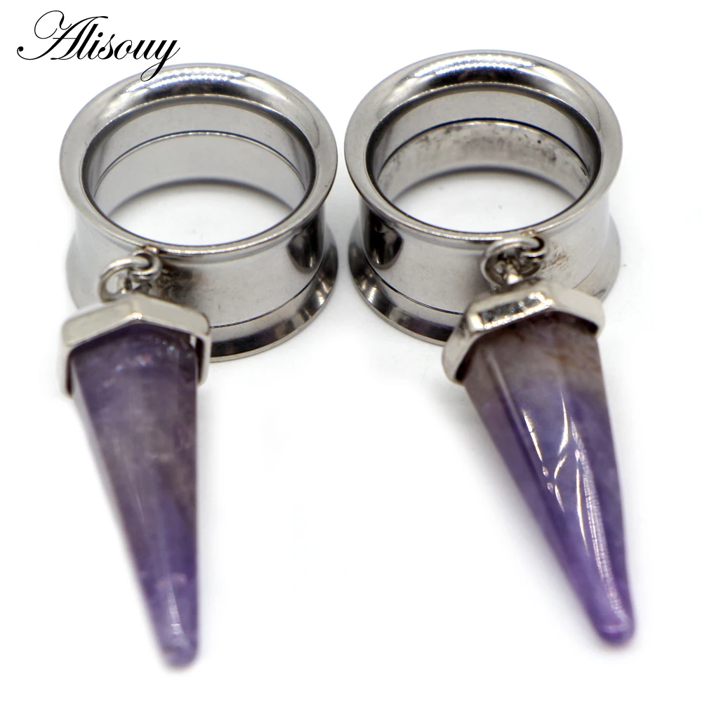 Alisouy 2pcs Surgical Steel Opal Purple Stone Ear Plug Tunnel Expander Ear Gauges Cone Internally Thread Piercing Body Jewelry