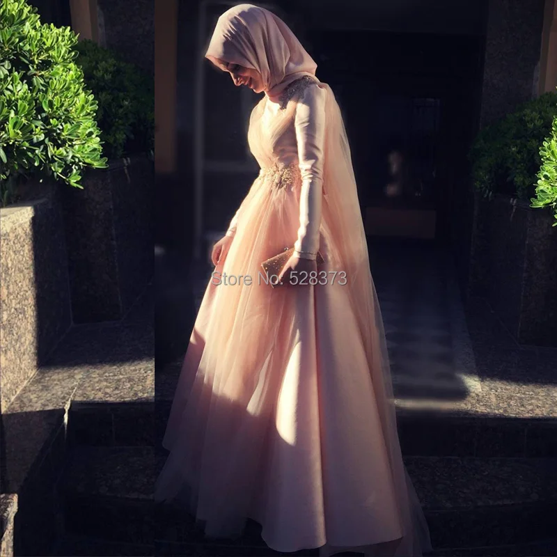 YNQNFS ED16 With Hijab Crystal Beaded Elegant A-line Long Sleeves Arabic Turkey Muslim Evening Dress Pink Color