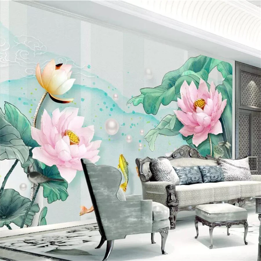 

wellyu Custom wallpaper 3D photo murals обоиembossed lotus fresh watercolor lotus leaf TV background wallpaper papel de parede