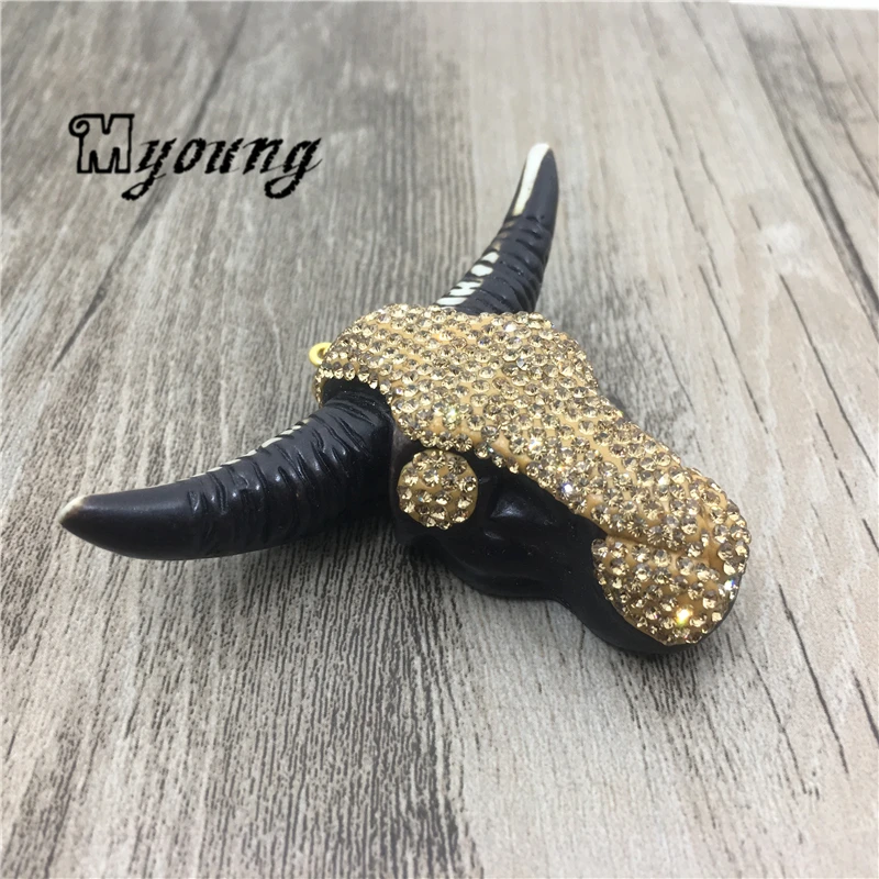 

Tribal Buffalo Horn Skull Pendant with Yellow Toned Rhinestone Paved,OX Skull Charms approx.50*70mm MY1831