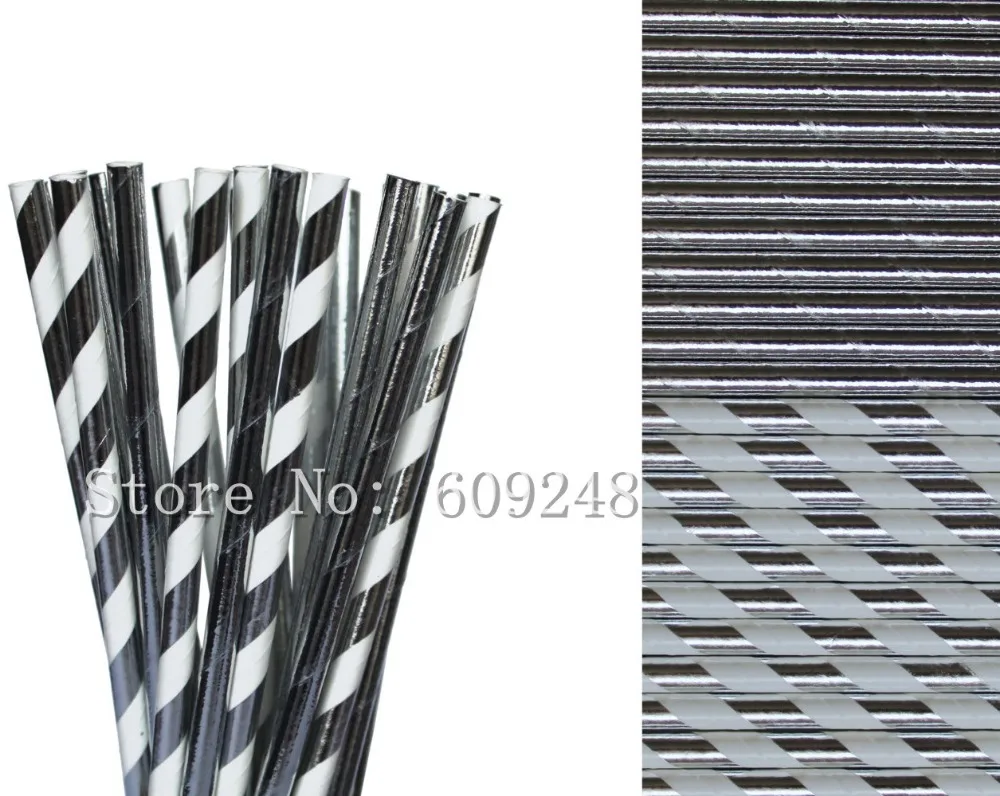 100 Pcs Metallic Silver Foil Striped and Plain Paper Straws Mix,New Year Christmas Wedding Party Holiday Hip Hop Glam Vintage