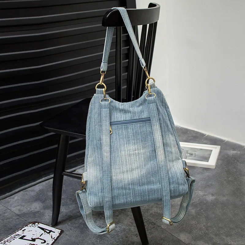 Washed Denim Women backpack Big Jean multifunctional backpack female shoulder bag Casual Travel Bags Rucksack blue  Mochila Bols