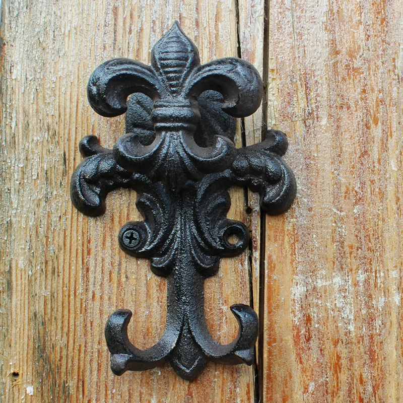 Antique Black Fleur De Lis Design Cast Iron Wall Hook With Two Hangers European Industrial Accents Home Garden Wall Decor Hook