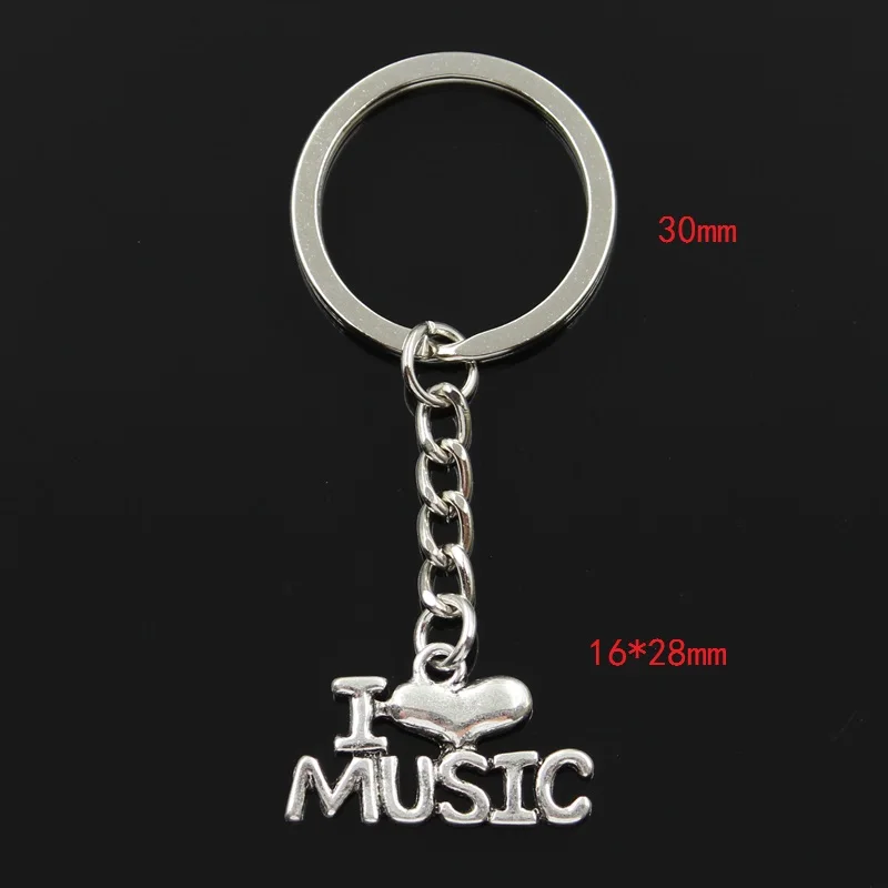 Fashion 30mm Key Ring Metal Key Chain Keychain Jewelry Antique Silver Color Plated I Love Music 16x28mm Pendant