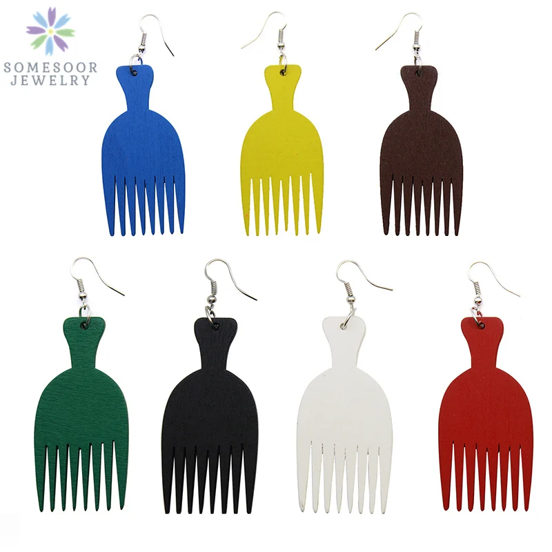 

SOMESOOR 7 African Colors Comb Wood Drop Earrings Afrocentric Ethnic Vintage Handmade Dangle Jewelry For Girls Women Gift 6Pairs