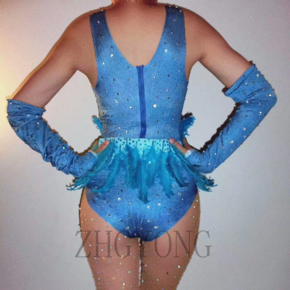 Niebieski Kombinezon z Piórami i Cyrkoniami Rękawiczki Strój Sceniczny dla Tancerki Piosenkarki Seksowny Kostium na Bar Imprezę Klubową Występ Piosenkarki