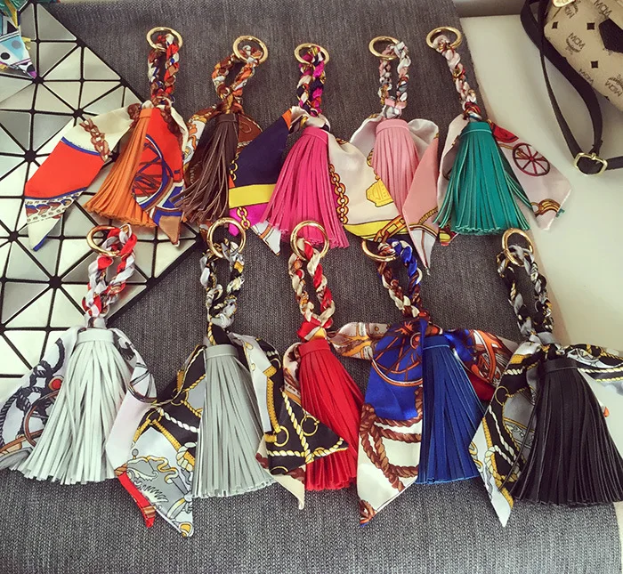Animal Plush keychain Fashion Women pom pom Fur key chain Scarf leather tassel Fashion Phone Key Holder K1258