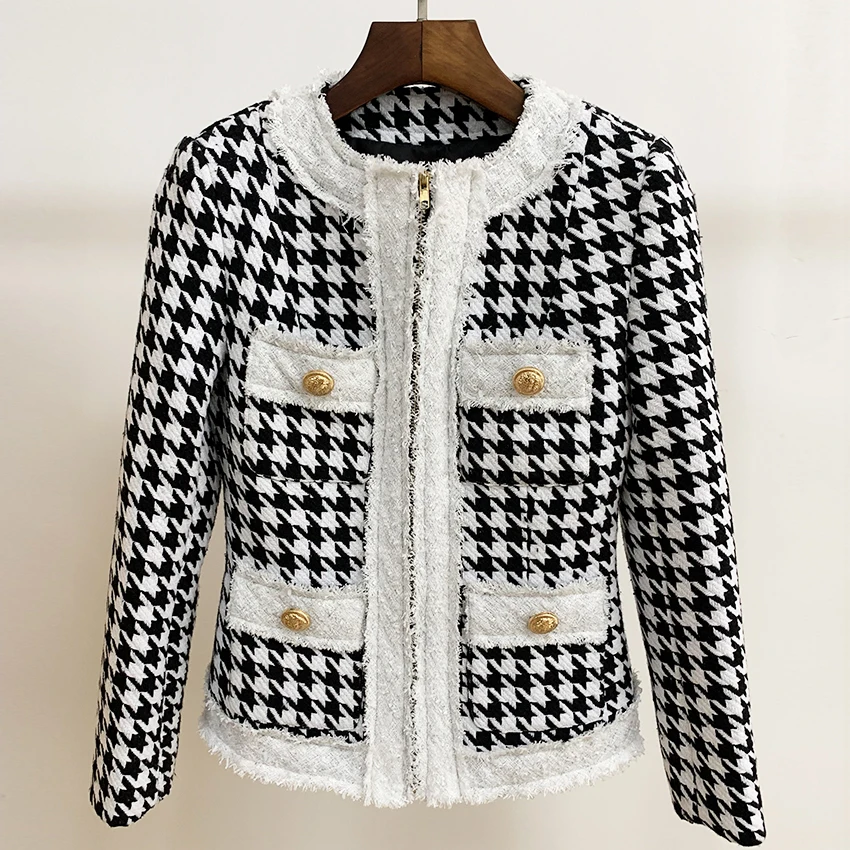 HIGH STREET Newest 2024 Fall Winter Designer Jacket Women\'s Zip Houndstooth Fringed Tweed Jacket Coat