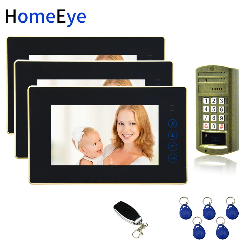 

7'' Video Door Phone Video Intercom Door Bell Password+ID Card Home Access Control System 1200TVL Waterproof Touch Button 1 to 3