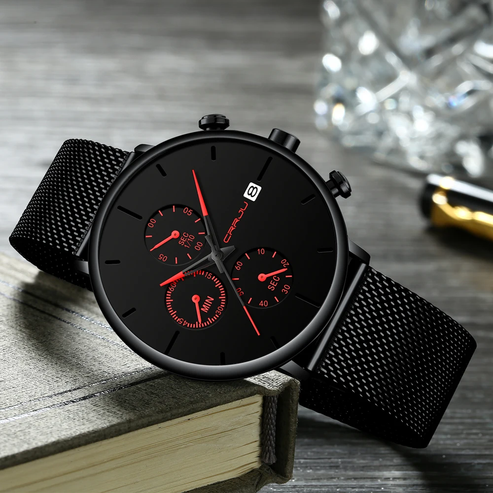 CRRJU-Reloj de pulsera deportivo de lujo para hombre, cronógrafo de cuarzo con correa de malla y fecha automática de acero inoxidable, diseño único, informal, a la moda