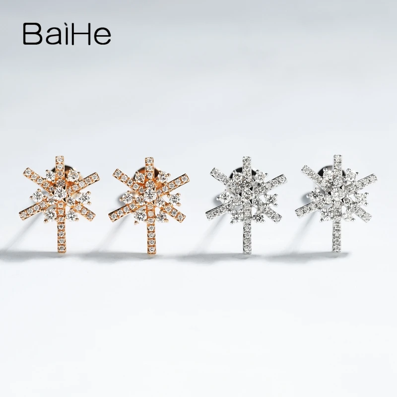 BAIHE Solid 14K Rose Gold H/SI Natural Diamond Snow flower Stud Earrings Women Wedding Trendy Fine Jewelry boucle d’oreille