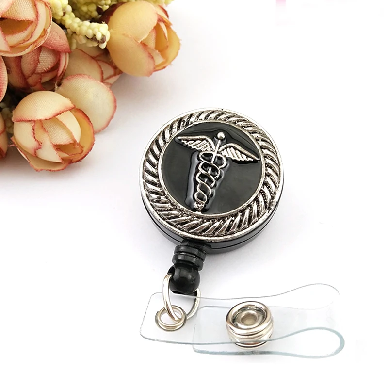 

50/100pcs/lot fancy black enamel angel wing medical symbol ID Badge holder/Reel for nurse doctor gift