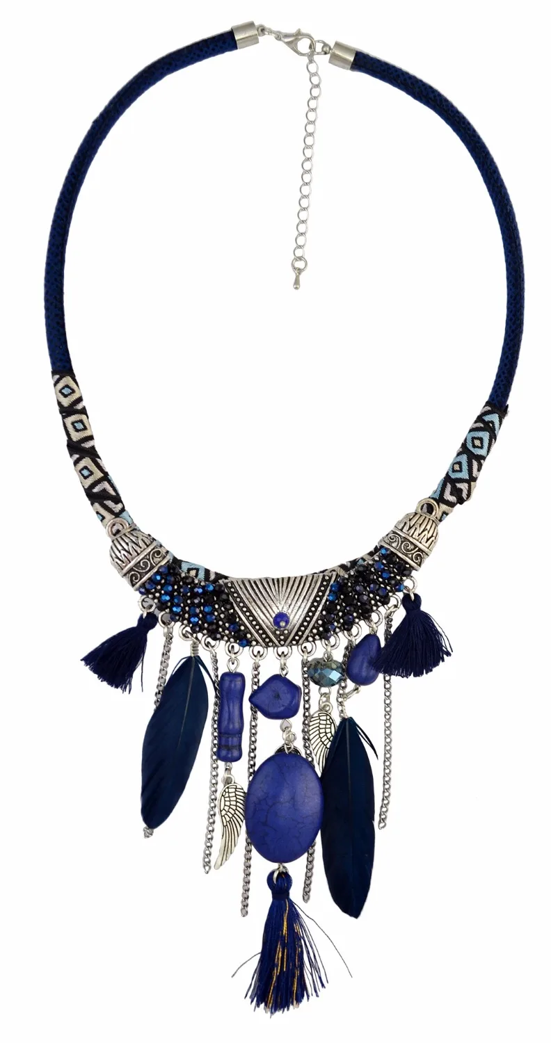 Idealway Handgemaakte Etnische Blauw Bruin Veer Hanger Lederen Ketting Kettingen voor Vrouwen Bohemian Party Anniversary Tribal Sieraden