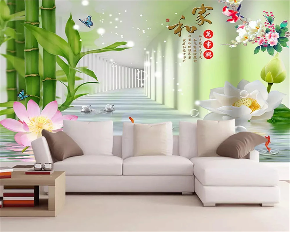 

beibehang wall murals wallpaper 3D pictures three-dimensional home and everything happy bamboo lotus 3D TV backdrop wall paper