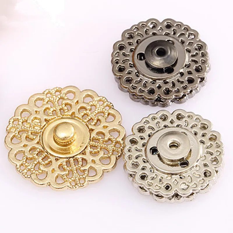 Metal Snap Button 15mm 18mm 21mm Clasp Buttons Hollow Flower Invisible Coat Buttons Fashion Suit Buckle Black Gold Silver 5piece