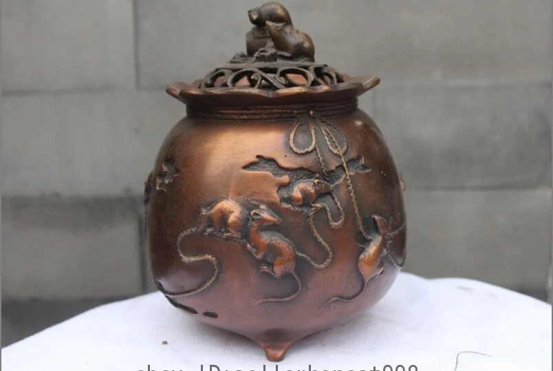 Chinese Palace Fengshui Red Bronze Zodiac Mouse Mice Incense Burner Censer