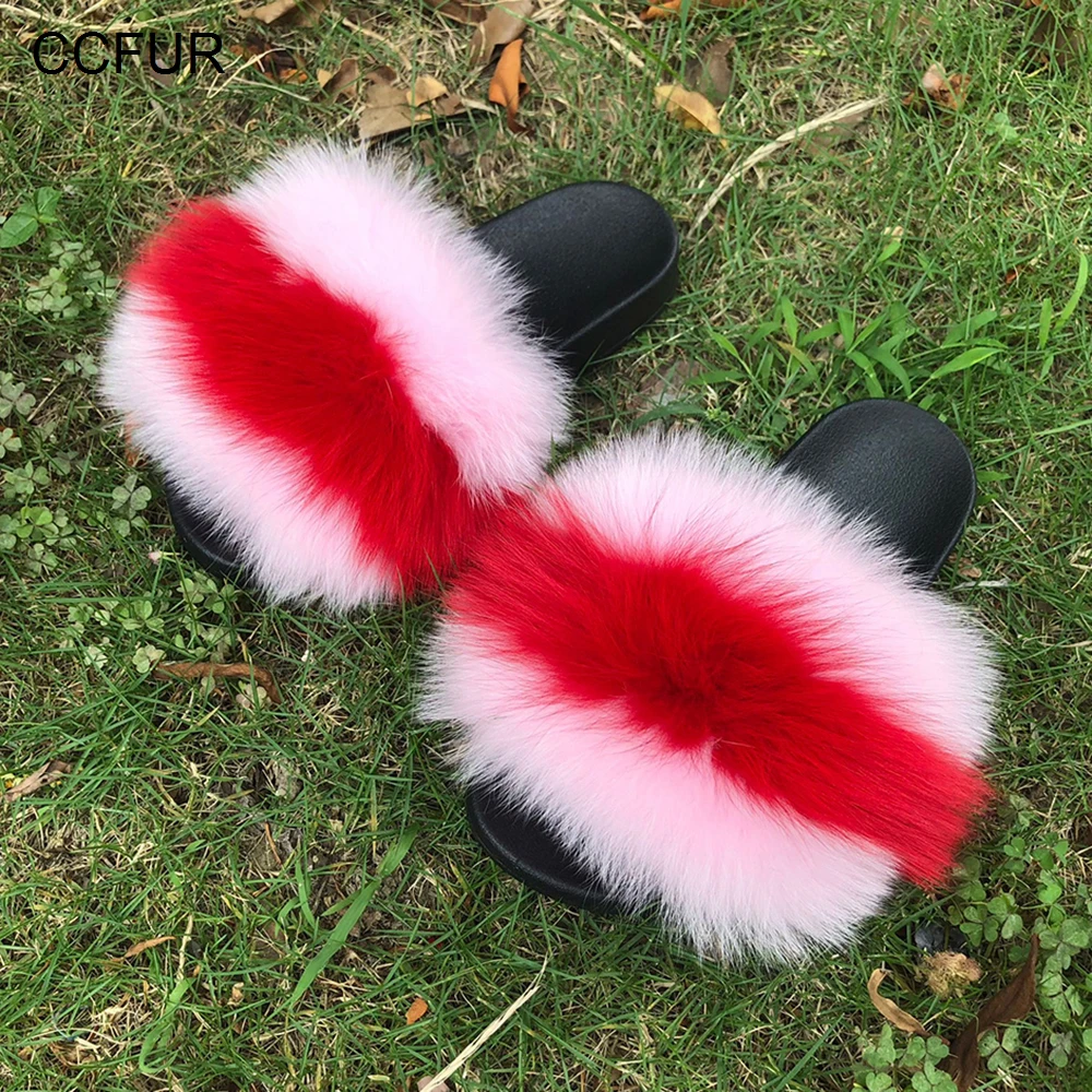 

Summer Slides Women's Real Fox Fur Slippers New Colors Fluffy Fur Sliders Mixed Color Fashion Lady S6048E