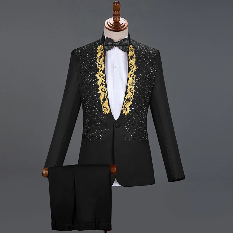 Men\'s White Wedding Groom Suits Shiny Rhinestones Slim Fit One Button Tuxedo Blazer Pants Singer Host Stage Costume 2 Pieces Set