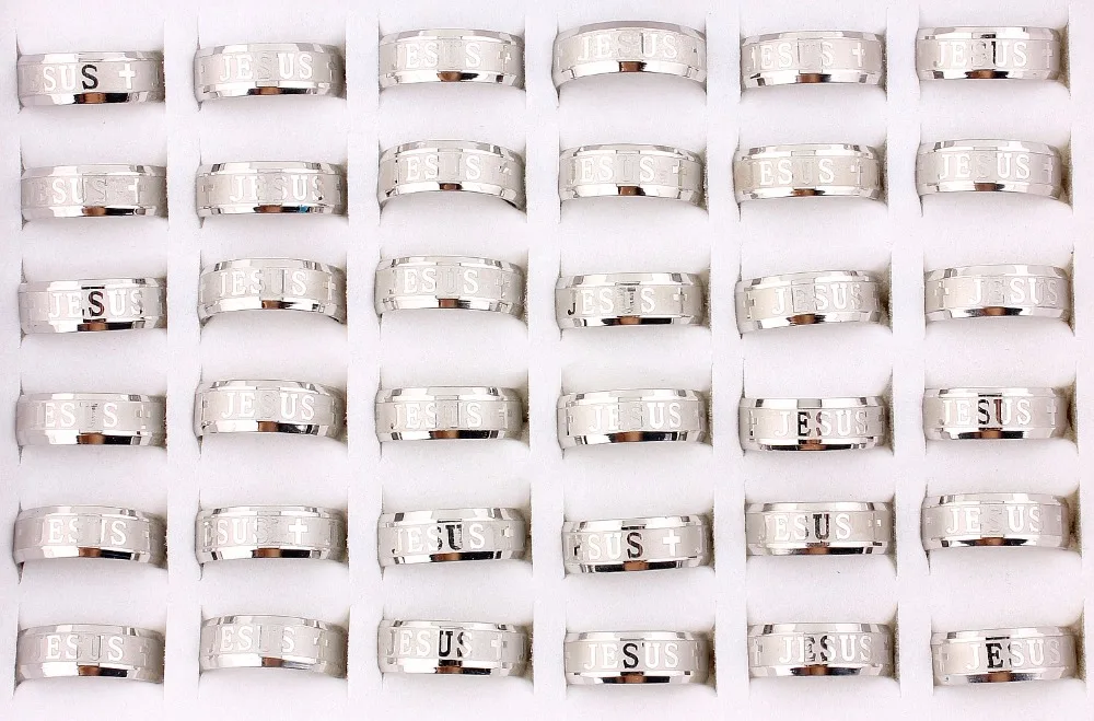 Wholesale Lots 24Pcs 8mm Jesus Christian Cross Prayer 316L Stainless Steel Men Women Ring Band Wedding Engagement Gift