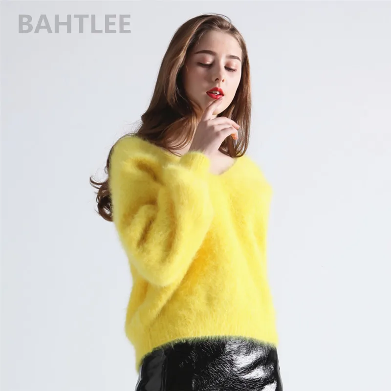 BAHTLEE-Women's Angora Rabbit Jumper Sweater, V-Neck, Lantern Sleeve, Wool, Knitted Pullovers, Keep Warm, Thick, Loose, Winter