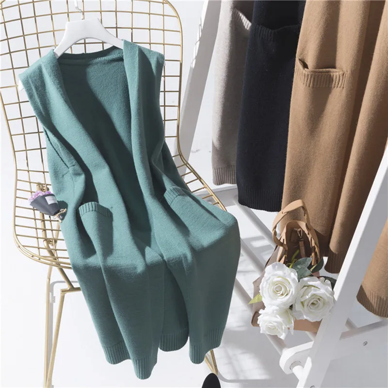 2024 Spring Sleeveless Long Knitted Vest Women Solid Wool Cardigan Coat Korean Fashion V-Neck Lady\'s Sweater Winter Waistcoat