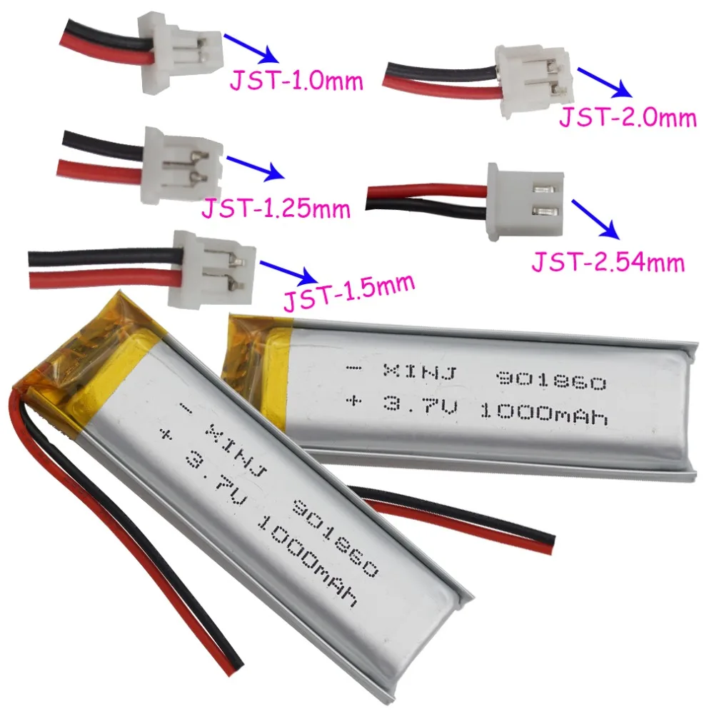 2pcs 3.7V 1000 mAh Polymer Li Lithium Battery 901860 JST 2pin 1.0/1.25/1.5/2.0/2.54mm Connector For Camera Navigation Bluetooth