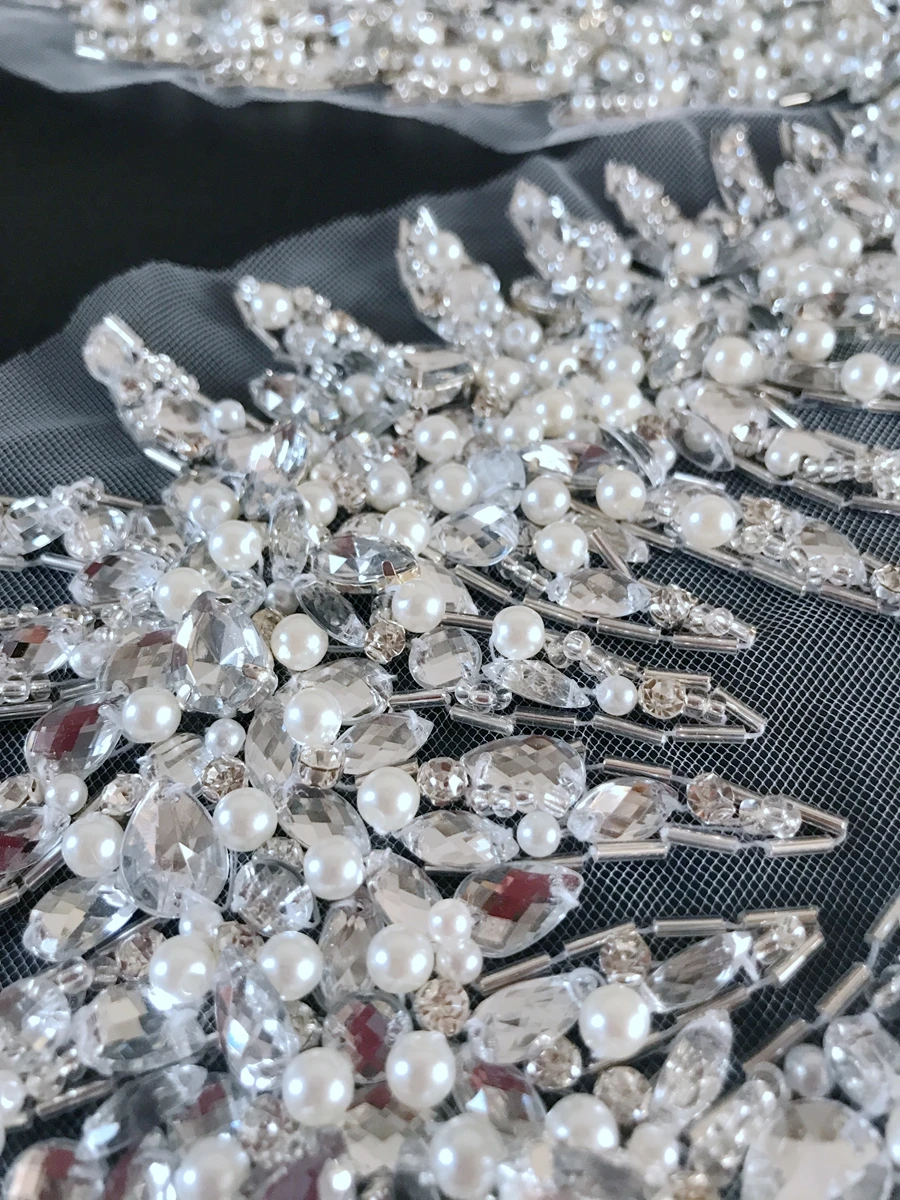 handmade silver white sew on rhinestones pearl applique on mesh crystals trim patches 36*34cm for wedding dress DIY accessories