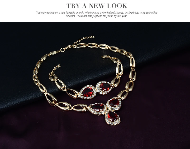 Fine Jewelry Sets  Gold color Zircon Pendant Hot Sale Design Austrian Crystal Necklace Bracelet Ring Earrings Wedding Sets