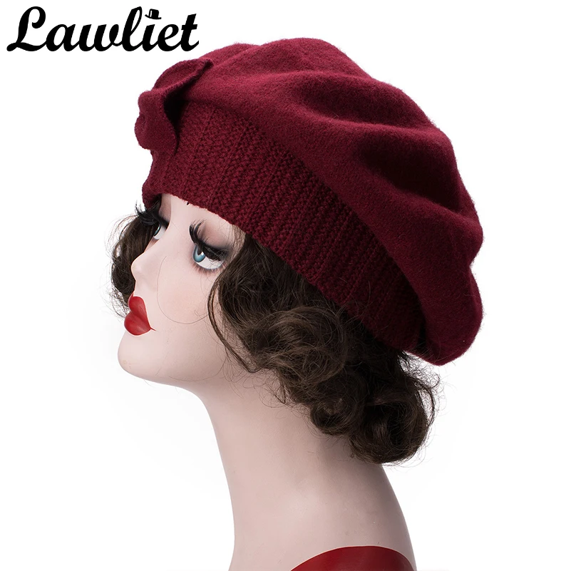 Lawliet Womens Beret Winter Cap 1920s Chic Style 100% Boiled Wool Bow Details Winter Beanie Skullies Basque French Artist Bonnet