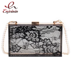 Black & White Lace Acrylic Box Design Pearl Chain Ladies Party Clutch Bag Shoulder Bag Tote Bag Women Evening Bag Flap Handbag