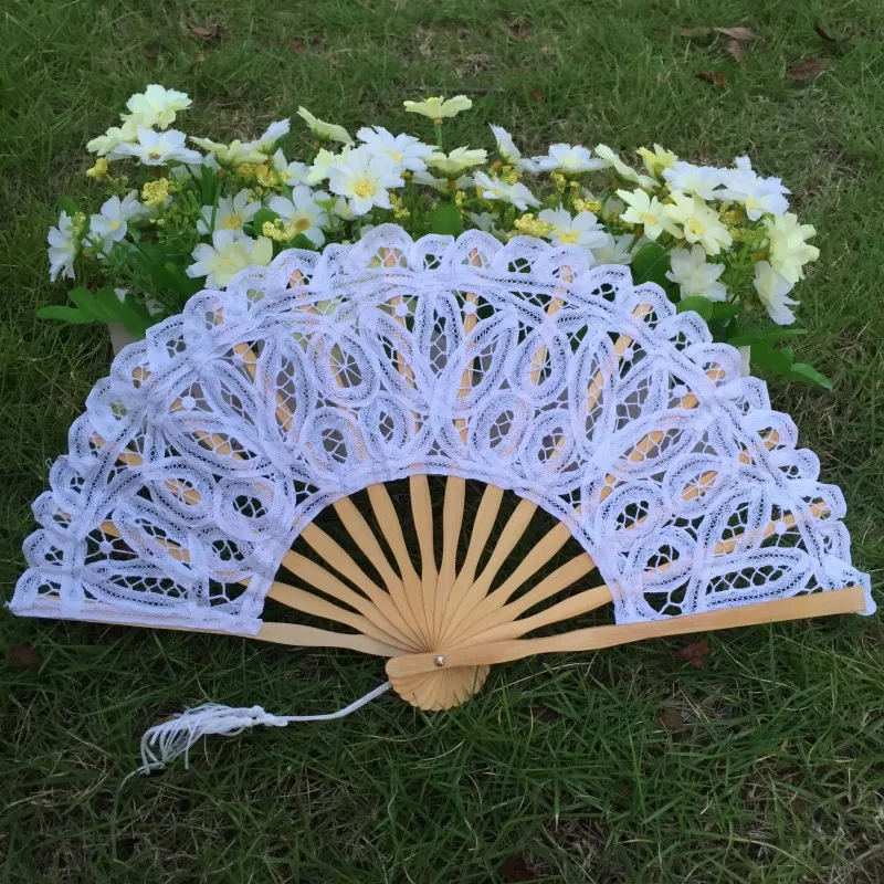 25pcs/Lot 22cm Size Battenburg Lace Fan White Beige Black Red Embroidered Design with Tassel Pedent