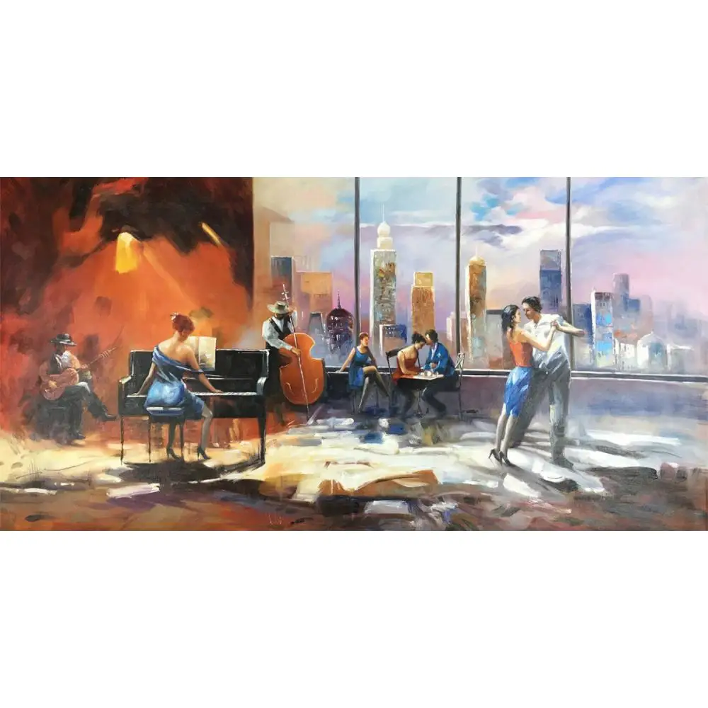 Famous Modern Art Playing Music with View on Skyline Contemporary Paintings on Canvas Large for Living Room Hand Painted