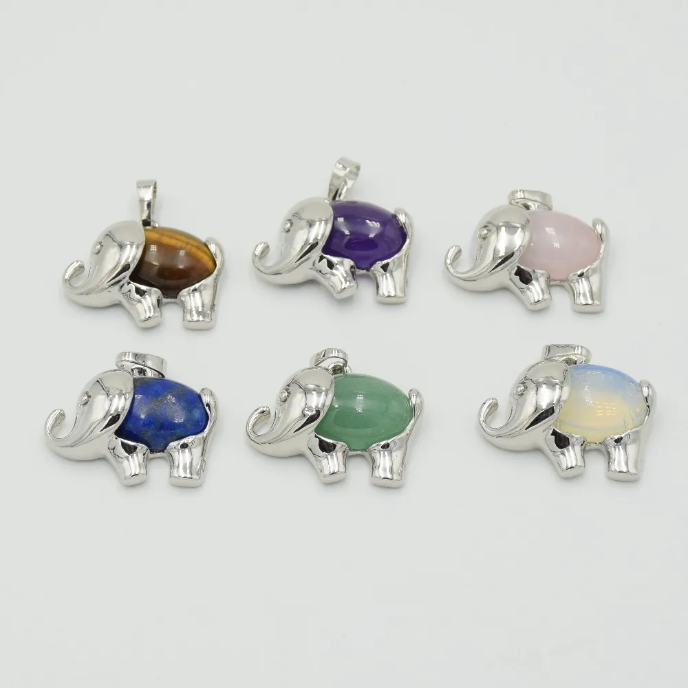 Energy Cute Elephant Pendants Charm Natural Amethysts Rose Quartzs Crystal Opal Lapis Stone Necklace Pendant Girl Child Jewelry