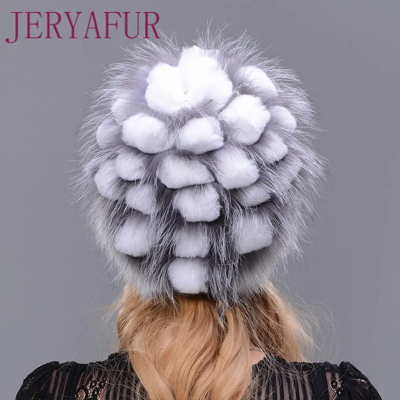 JERYAFUR Women\'s Fur Hat For Winter Naturally Rabbit Rex Fox Fur Hat Female Fur Headwear New Fashion Warm Cap