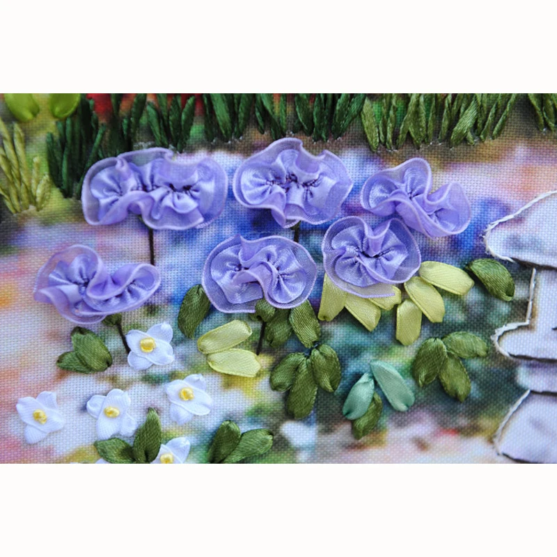 handwork  Ribbon embroidery 100X65CM print 3d cross stitch paintings landscape flowers Cherry hut needlework diy kits pattern