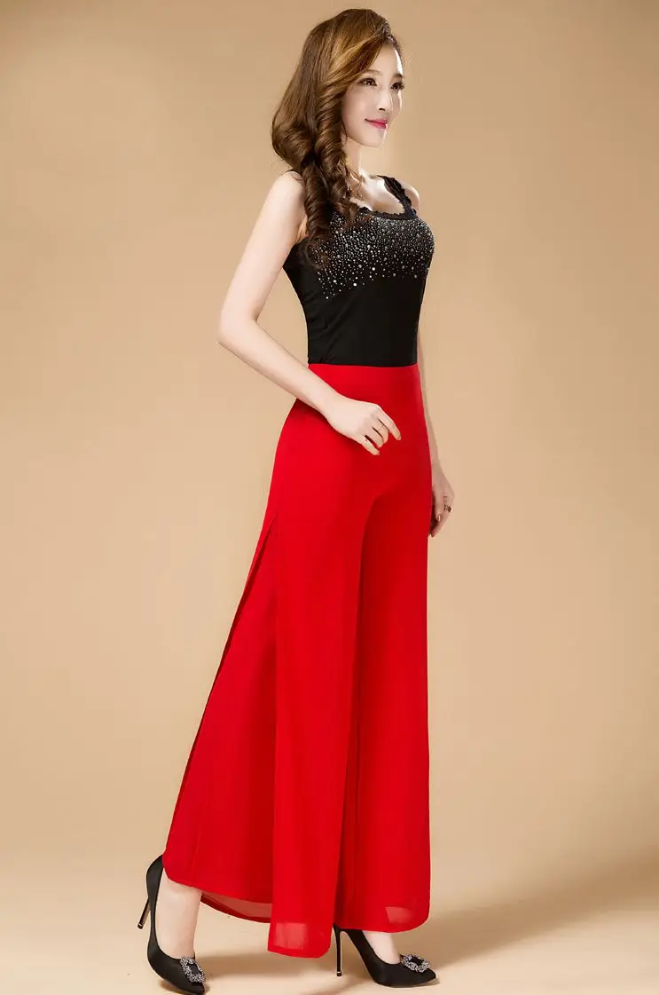 Nova chegada sólida chiffon duplo deck calças compridas calças de dança das mulheres calças cruzadas alta qualidade 5xl ol casual calças largas perna