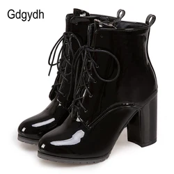 Gdgydh Große Größe 48 Patent Leder Stiefel Für Frauen Lace up High Heels Schuhe Frühling Herbst Schwarz Schuhe Weibliche Stiefeletten stiefel Zip