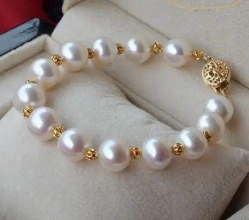 HUGE NATURAL 10-11MM ROUND SOUTH SEA GENUINE WHITE PEARL BRACELET GOLD CLASP