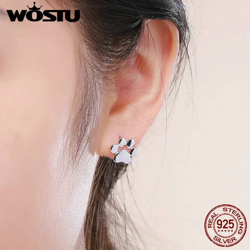 WOSTU Hot Sale Real 925 Sterling Silver Cute Dog Footprints Tiny Stud Earrings for Women Party S925 Silver Jewelry Gift FIE407