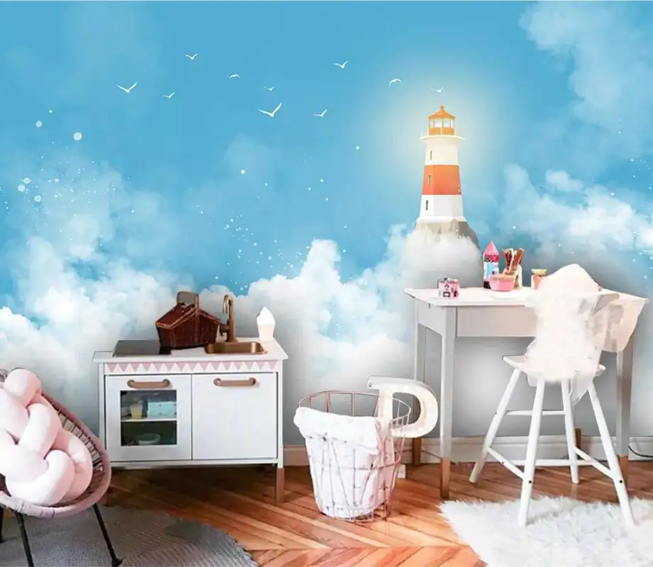 

Custom 3D mural wallpaper modern simple Mediterranean blue sky lighthouse children's room background wall